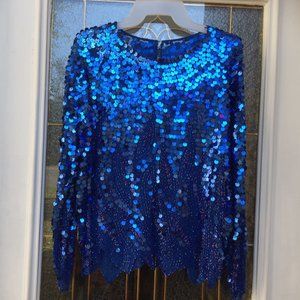 (SALE: )  Gorgeous Blue Top, small beads and large Sequins,  Size M